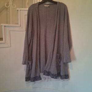 LOGO by Lori Goldstein Gray Cardigan with Lace Trim